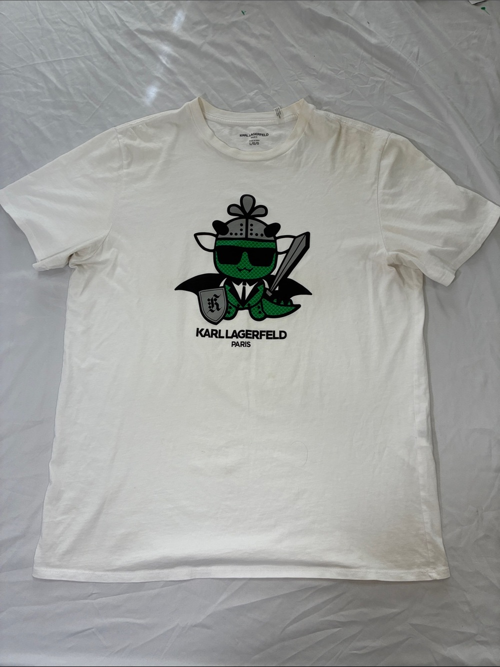 Karl Lagerfeld White Short-Sleeve Tee with Green & Black Graphic
